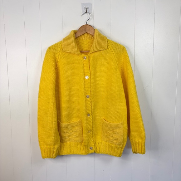 Vintage Sweaters - Vintage Yellow Knit Cardigan Sweater Button Grandma Cottagecore Chunky Knit Lg